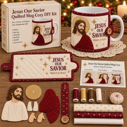 ✝️ Beginner-Friendly Christmas Faith Mug Cozy Sewing Kit | 6 Christian-Inspired Designs with Fabric Pieces, Batting, Appliqué, Thread, Buttons, Needle & Step-by-Step Guide Included 💕