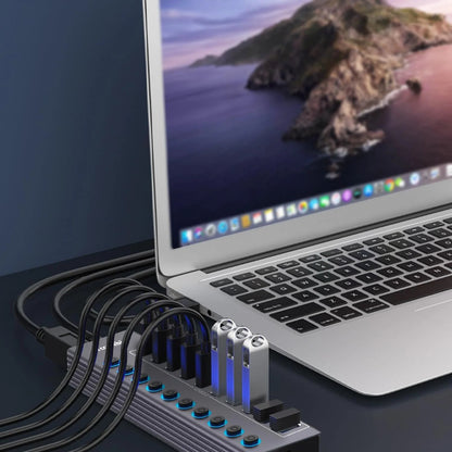 Powered 10-Port USB 3.0 Hub, USB C to 10 Ports USB Data Hub Splitter with Individual LED On/Off Switche, 3.3FT Cable, 12V/3A Power Adapter
