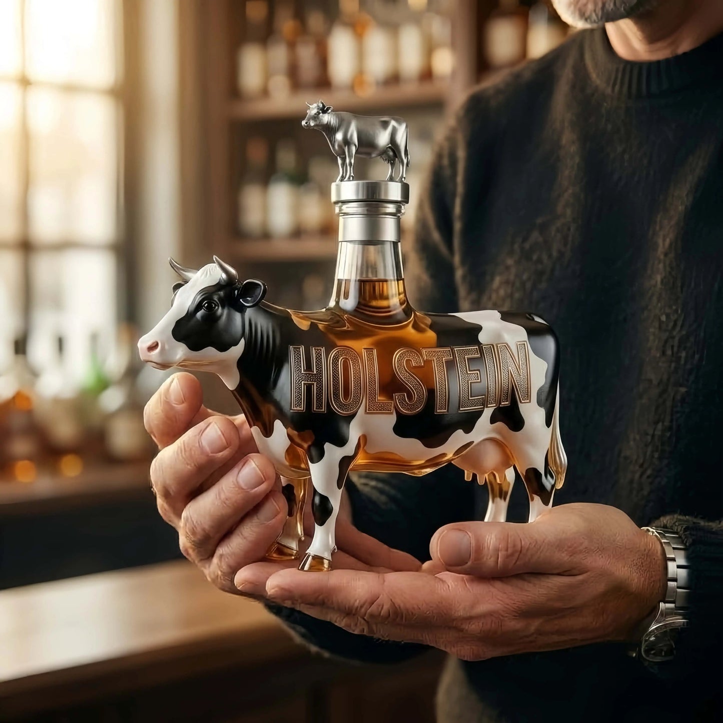 Deluxe Holstein Cow-Shaped Whiskey Decanter Set – Luxury Decanter Gift Box for Home Bar Decor, Unique Anniversary Gift for Men
