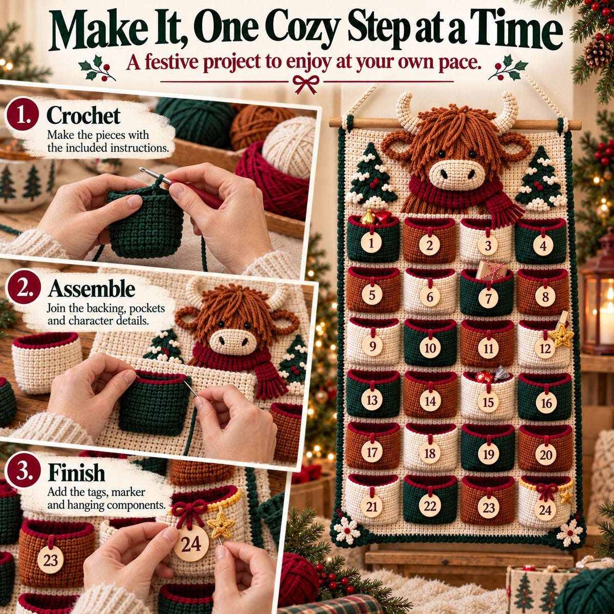 ⏳ Last Day 49% OFF – 🧶 DIY Crochet Advent Calendar Kit | 24 Refillable Pockets, 4 Christmas Characters & Complete Crochet Materials 🎄