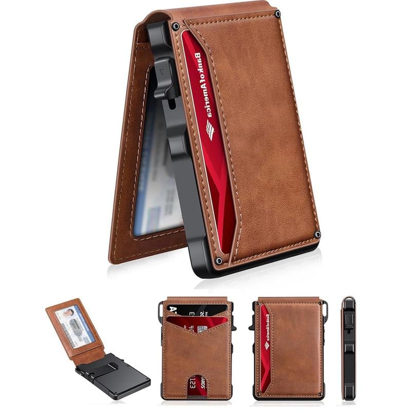 ⚡70K+ SOLD!-Wallet for Men - with Pop Up Aluminum Case Money Clip Slim Leather Slots Credit Card Holder RFID Blocking Bifold Minimalist Wallet