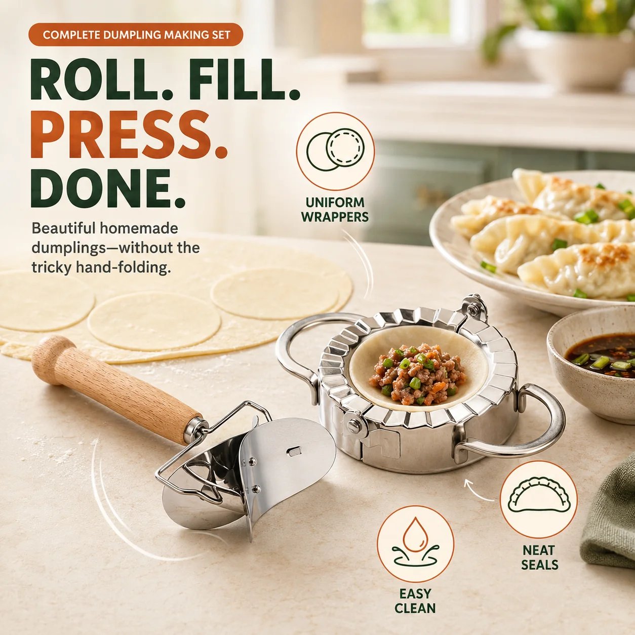🥟 Stainless Steel Dumpling Maker & Dough Cutter Set – Roll, Fill, Press & Seal with Ease