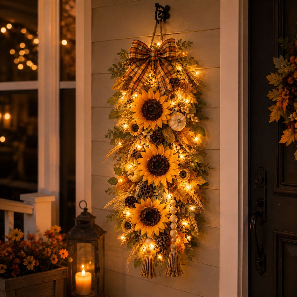 Lighted Sunflower Fall Door Swag