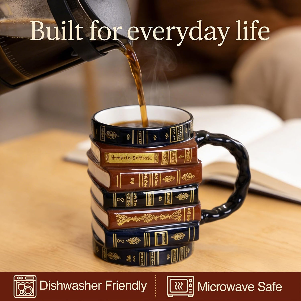 📚 ✨ 3D Stacked Vintage Book Mug: Cozy Library Style Coffee Cup for Book Lovers, Reading Nook & Home Desk