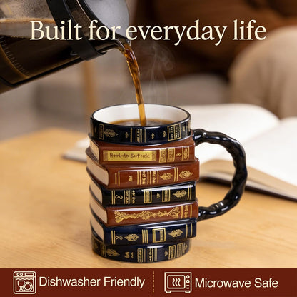 📚 ✨ 3D Stacked Vintage Book Mug: Cozy Library Style Coffee Cup for Book Lovers, Reading Nook & Home Desk