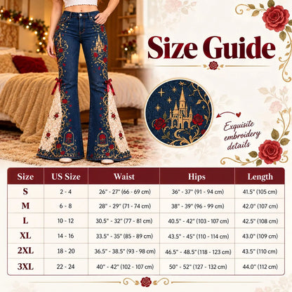 ⏳ Last Day 49% OFF – 🌹 Vintage Embroidered Flare Jeans | High-Rise Stretch Denim with Lace Panels & Floral Details ✨