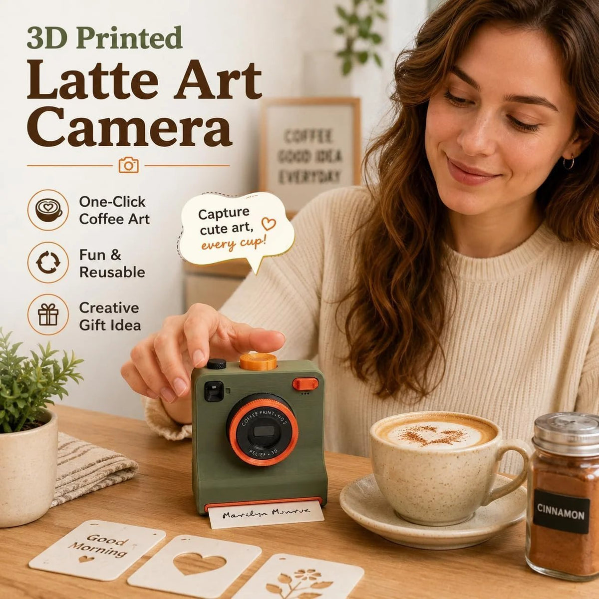 ☕📸 Camera-Style Latte Art Maker – Reusable Stencil Press