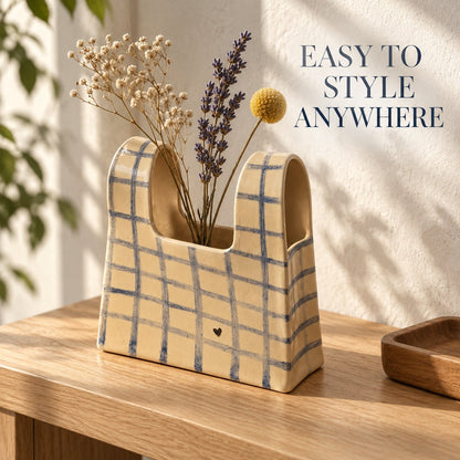 🌼 Handmade Checkered Ceramic Bag Vase