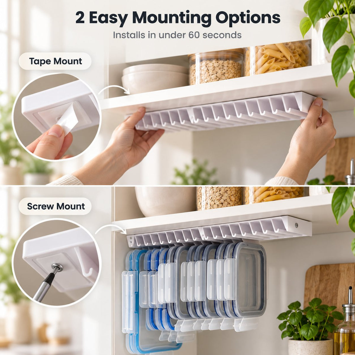 🌿 Zero Clutter: Smart Under-Shelf Lid Holder for 20 Lids