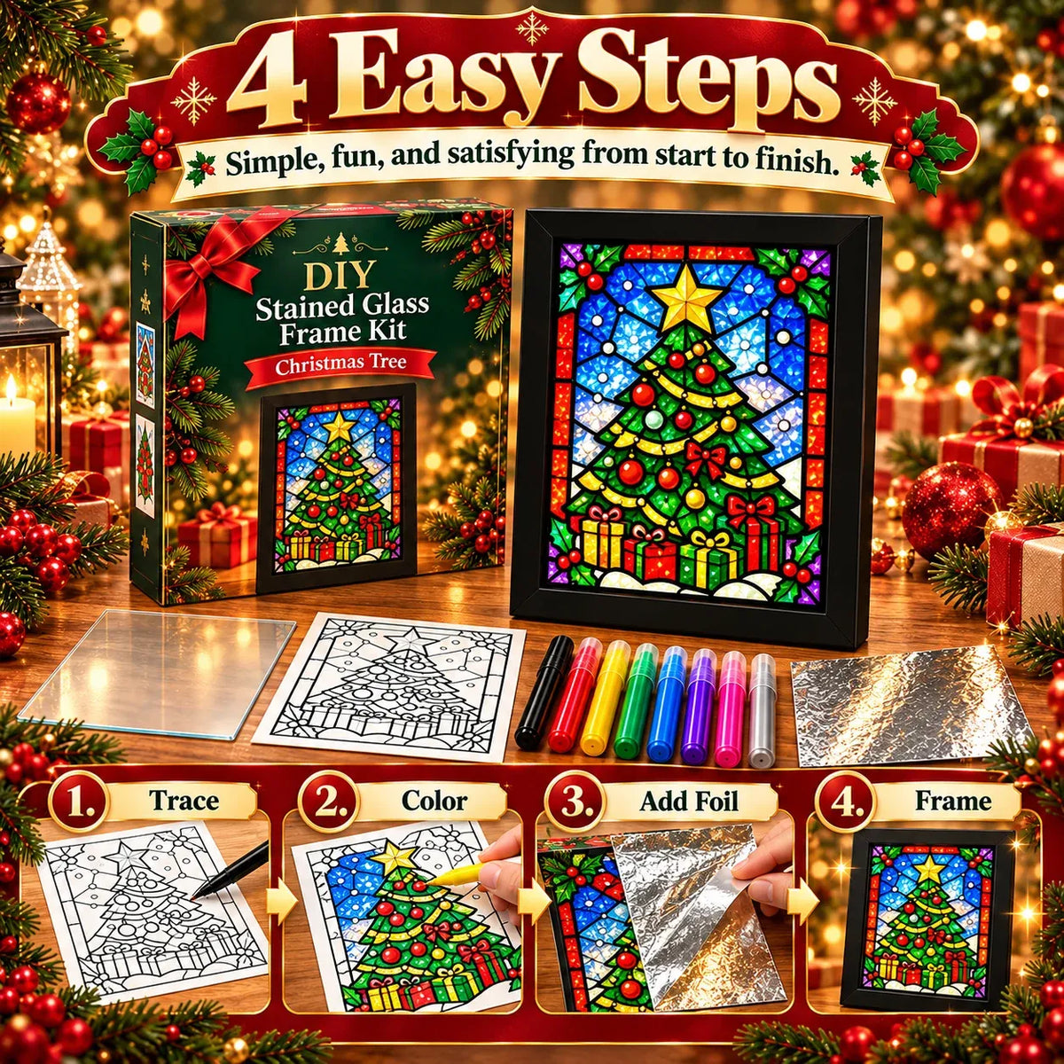 ⏳ Last Day 49% OFF – 🎄Beginner-Friendly Christmas Stained Glass-Style Frame Kit | 8 Festive Designs with Pens, Foil & Frame ✨