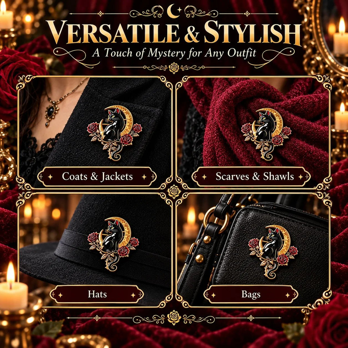🐈‍⬛🌙 Black Cat Crescent Moon Brooch – Gothic Rose Statement Pin