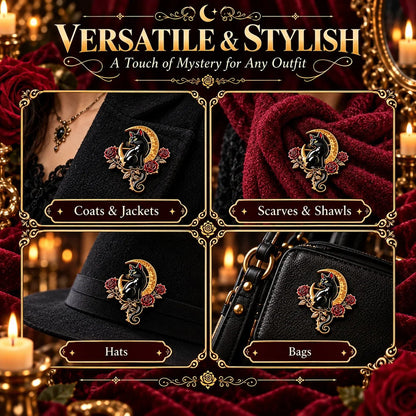 🐈‍⬛🌙 Black Cat Crescent Moon Brooch – Gothic Rose Statement Pin