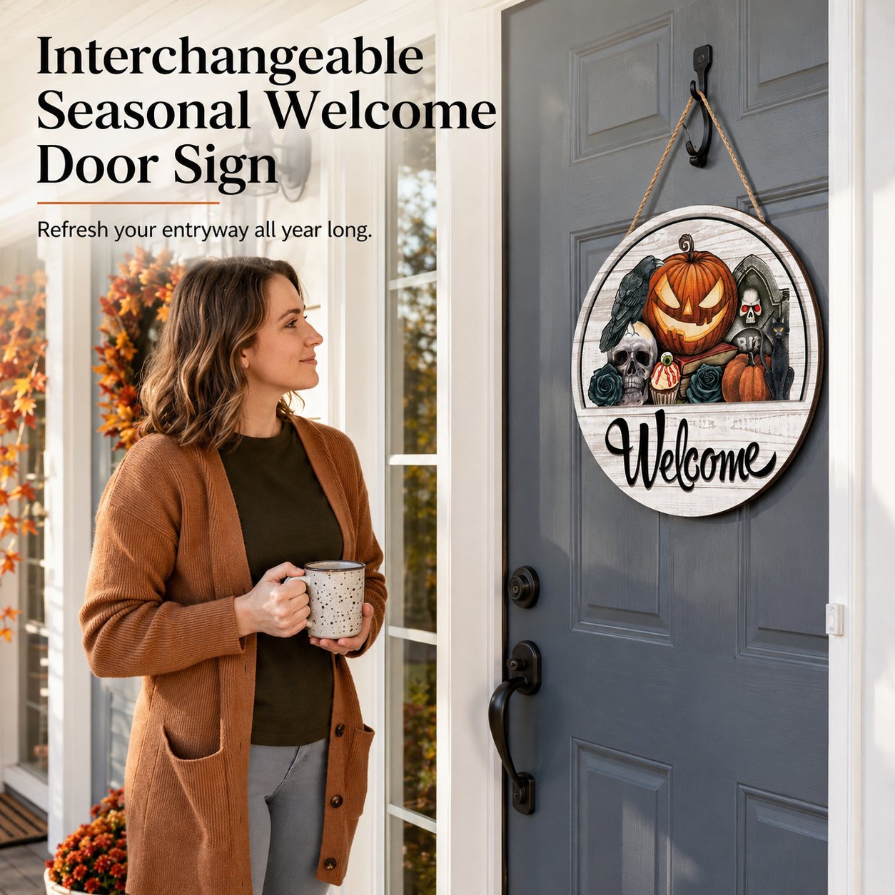 ⏳ Last Day 49% OFF – 🏡 Interchangeable Seasonal Welcome Door Sign | 12 in Woodgrain-Style Base with Magnetic 3D Toppers for Holidays, Seasons & Celebrations ✨