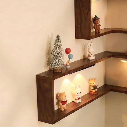 Wooden Corner Wall Shelf with Built-in Lights