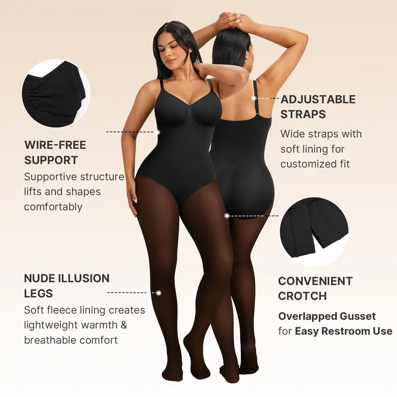 Women's Sheer-Panel Fleece-Lined Tights Bodysuit 🖤