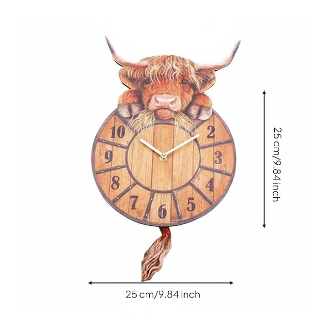 Swinging-Tail Highland Cow Wall Clock – Farmhouse Decor