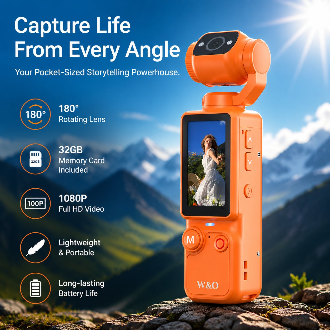 🎥 Upgraded Vlogging Camera – 180° Rotating Lens, Full-Body Video Recorder for Travel, Daily Life & Content Creation