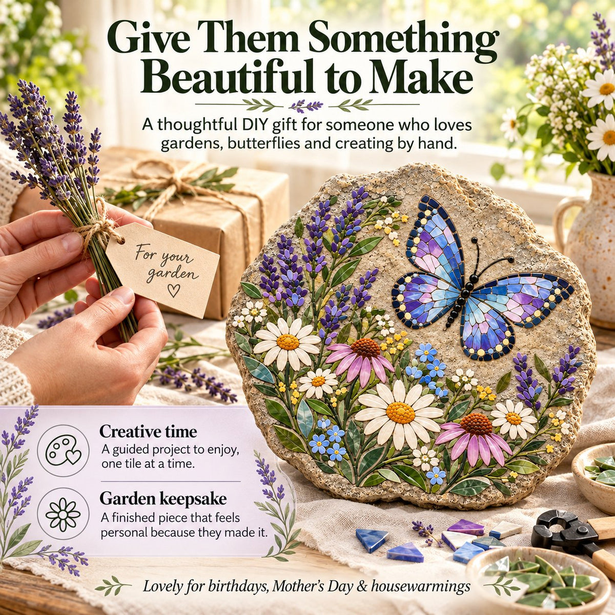 Butterfly mosaic DIY kit presented as a thoughtful handmade gift
