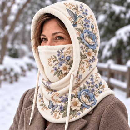 🌸 Women’s Floral 3-in-1 Winter Hood – Fleece-Lined Hat, Face Cover & Neck Warmer
