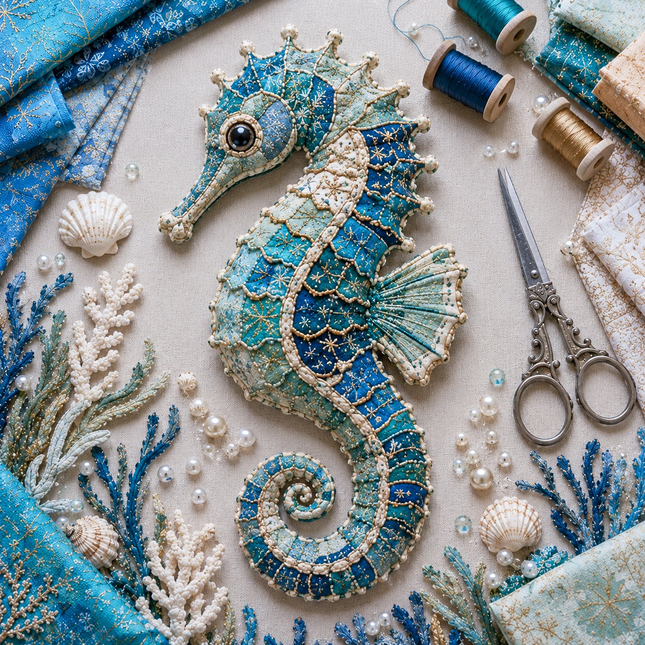 🌊🧵 Premium Ocean Patchwork DIY Kit | High-Quality Layered Fabric with Stitched Details DIY Handmade Coastal Decor 🐚✨
