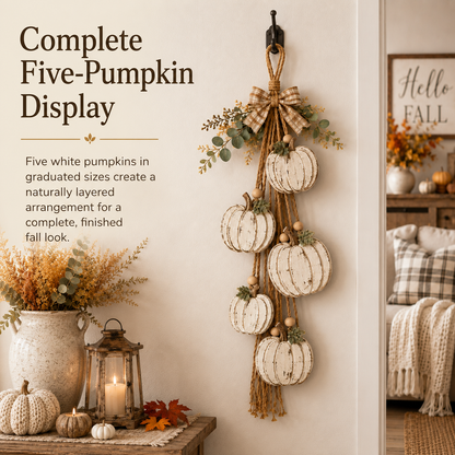 🎃 Rustic White Pumpkin Hanging Swag – 5-Pumpkin Fall Door & Wall Decoration for Farmhouse Autumn Decor