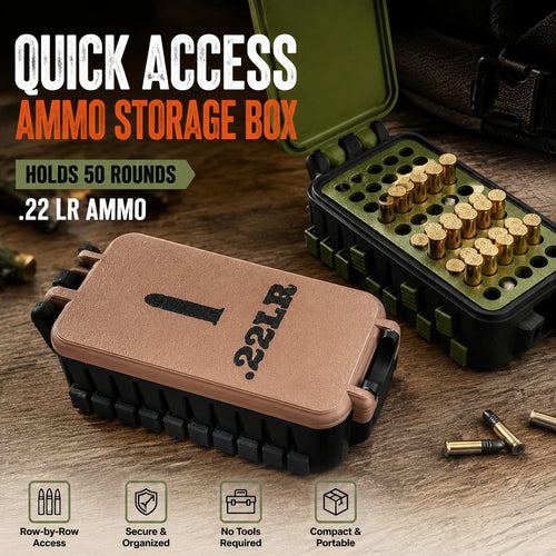 💥🔥Quick Access .22LR Ammo Storage Box – 50 Round Lift-Up Design Cartridge Organizer for Range & Storage