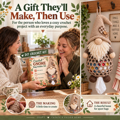 ⏳ Last Day 49% OFF – 🧶 Beginner-Friendly Gnome Crochet Bag Holder DIY Kit | 6 Charming Designs with Yarn, Tools & Guide Included 🍄