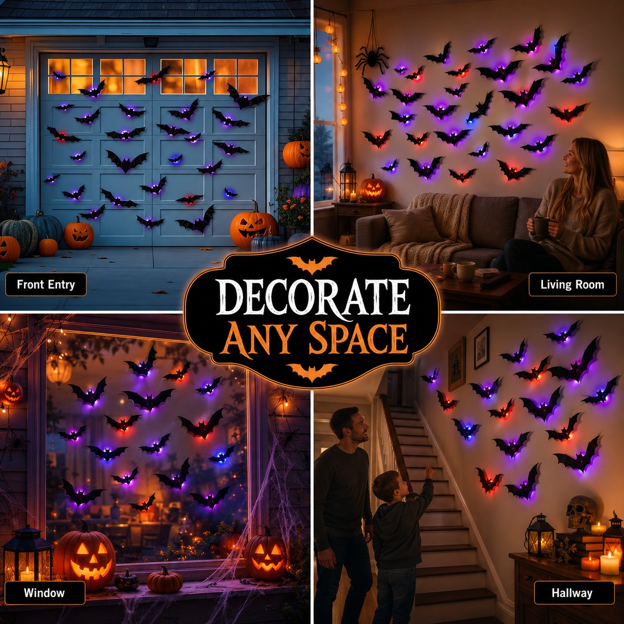 🦇 3D Flashing LED Bat Wall Stickers Set 🎃