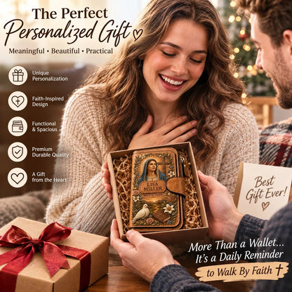 Personalized 'Walk By Faith' Vintage Leather Clutch Wallet 🕊️ | Jesus & Mary Editions