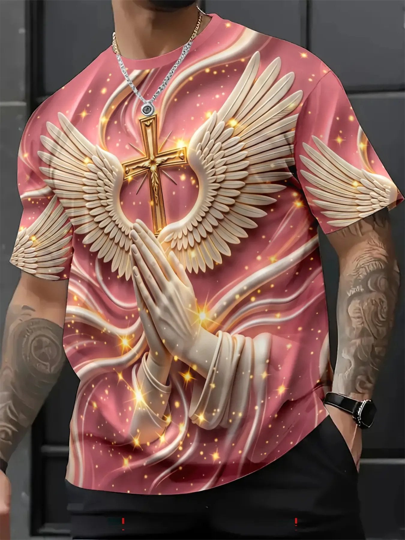 New Religious Prayer Hand Angel Wings Cross Print Men's Round Neck 3D High-Definition Short Sleeve