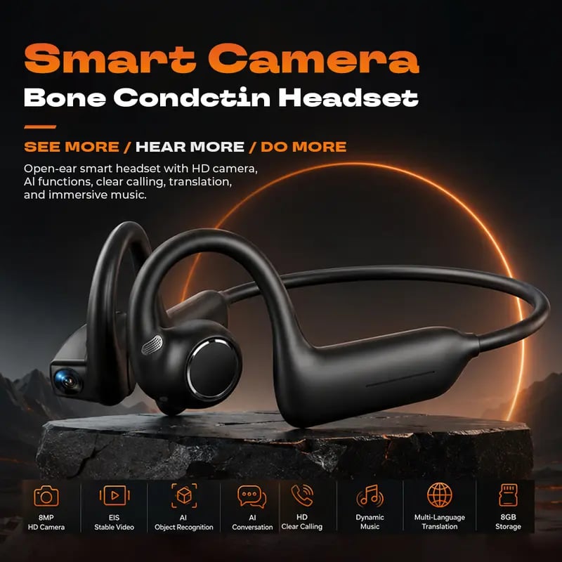 🎧 E12 Bone Conduction Open-Ear Audio Glasses with 8MP HD EIS Camera – 160+ Language AI Translation, Bluetooth Sports Headset & IP56 Waterproof Wearable for Cycling, Vlogging & Action Video
