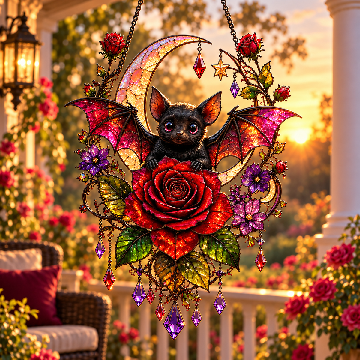 🦇 Midnight Romance – Bat, Crescent Moon & Rose Hanging Decor