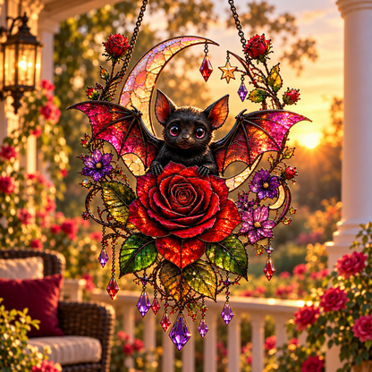 🦇 Midnight Romance – Bat, Crescent Moon & Rose Hanging Decor