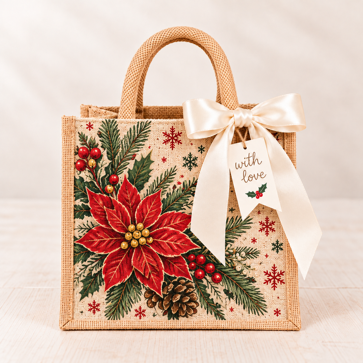 Vintage Christmas Burlap Gift Tote Bag