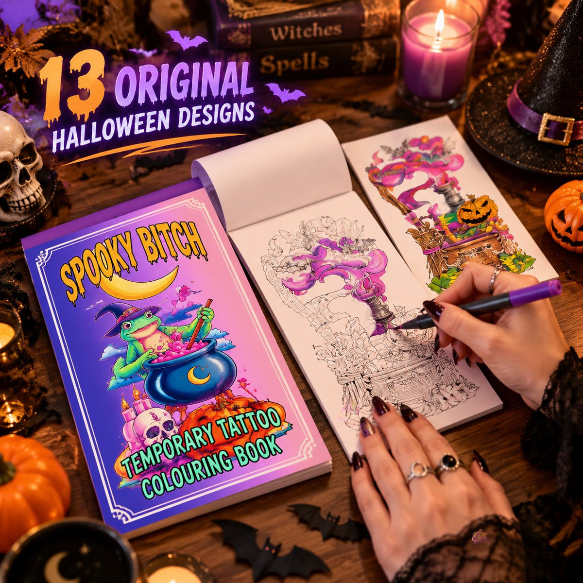 Spooky Bitch Halloween Temporary Tattoo Colouring Book 🐸🎃