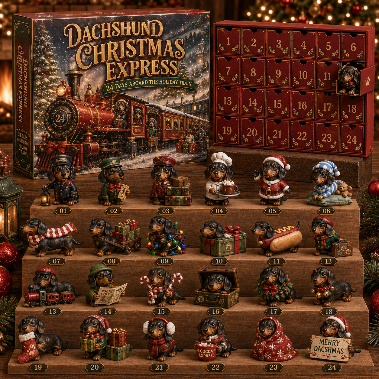 🚂🐶🎄Dachshund Christmas Express Advent Calendar – 24 Collectible Holiday Pups