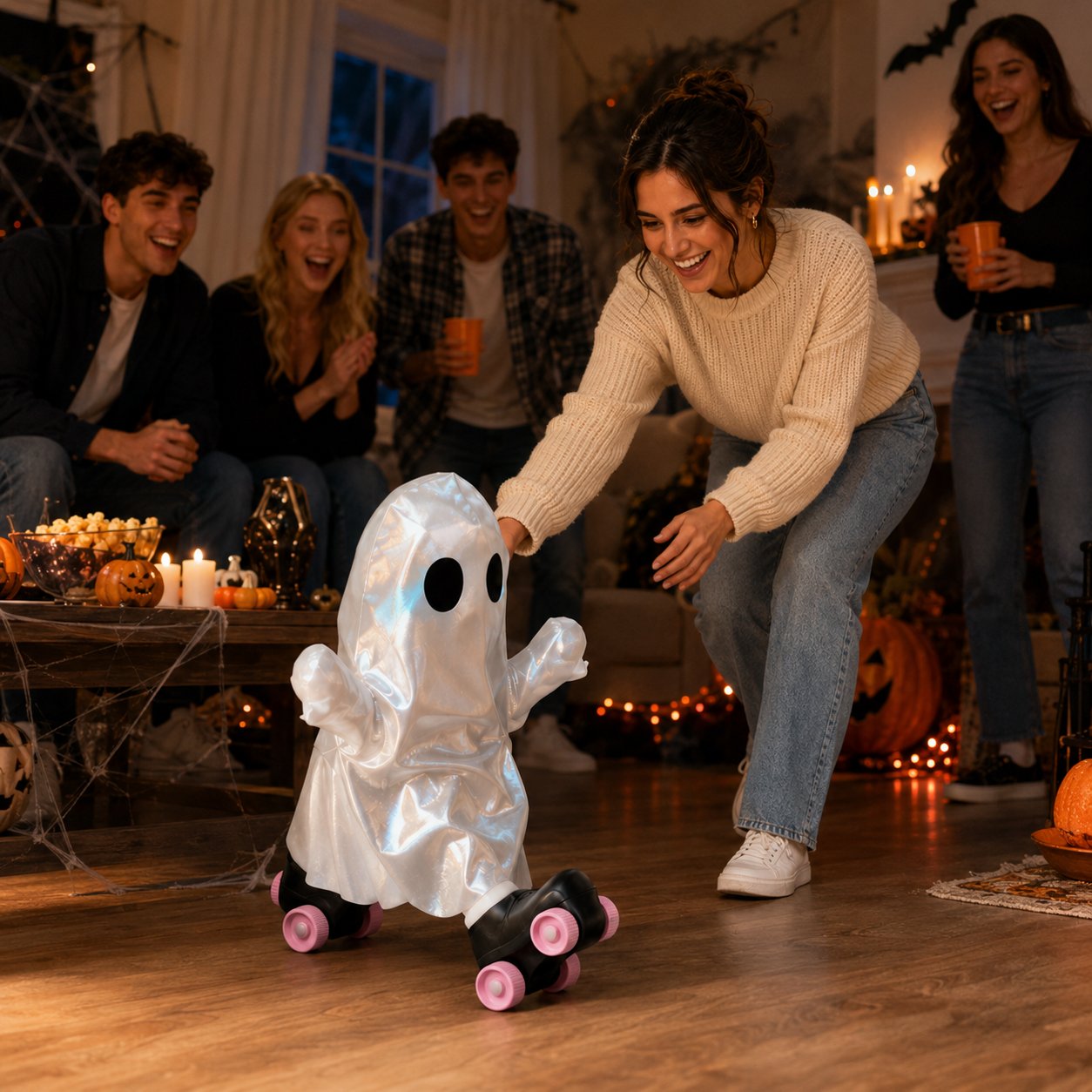 Retro Roller Skate Pearl Ghost Statue, Sweet & Edgy Decor for Seasonal Display