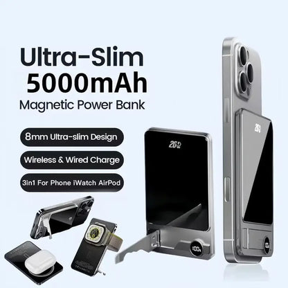 🔋 5000mAh Magnetic Portable Power Bank – 20W Fast Charging Wireless Charger with Built-In USB-C Cable, Foldable Stand & LED Battery Display for iPhone & USB-C Devices