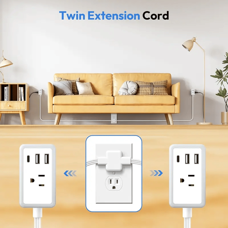 Twin Extension Cord Splitter 12 / 18 FT, with 6ft Dual Extension Cord on Each Side 3 Widely Outlets, Double Extension Cord for Home Office Dorm Room