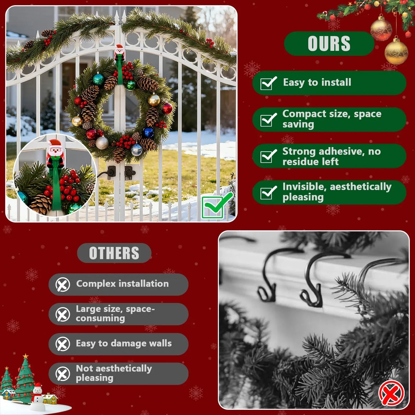 ⏳ Last Day 49% OFF – 🎄No-Drill Christmas Garland Hangers | 12 Santa Adhesive Hooks Holding Up To 5 lbs For Stockings, Wreaths & Holiday Decorations 🎅
