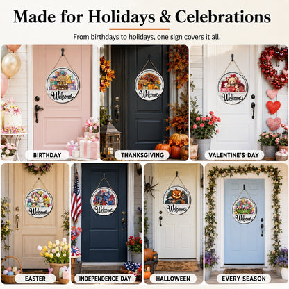 ⏳ Last Day 49% OFF – 🏡 Interchangeable Seasonal Welcome Door Sign | 12 in Woodgrain-Style Base with Magnetic 3D Toppers for Holidays, Seasons & Celebrations ✨