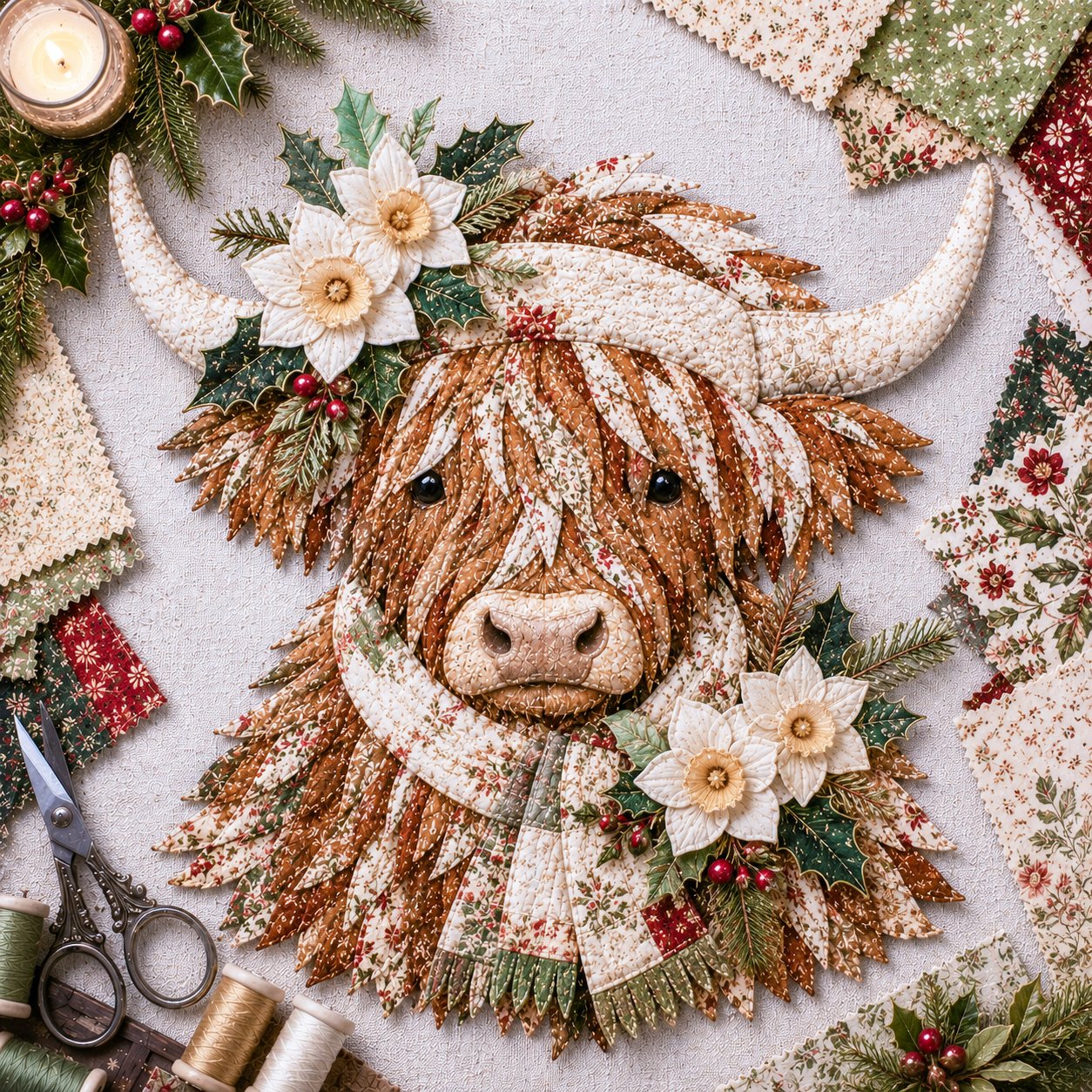 🐮💐🌸 Birth Flower Highland Cow 3D Layered Fabric Art DIY Kit (Beginner-friendly)