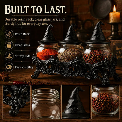 🧙‍♀️Witch-Hat Gothic Spice Jar Set — Ornate Resin Rack + 3 Glass Jars