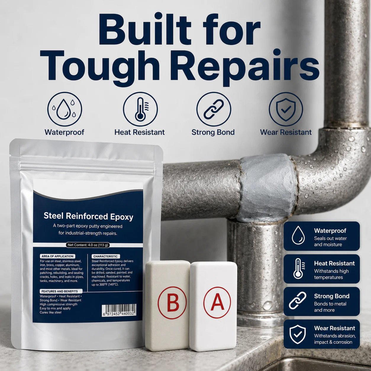 🔧Steel Reinforced Epoxy Repair Putty – Multi-Surface Moldable Epoxy for Metal, Wood & Hard Surfaces, Patch Cracks Gaps Holes, Sandable & Paintable, Water-Resistant🛠️