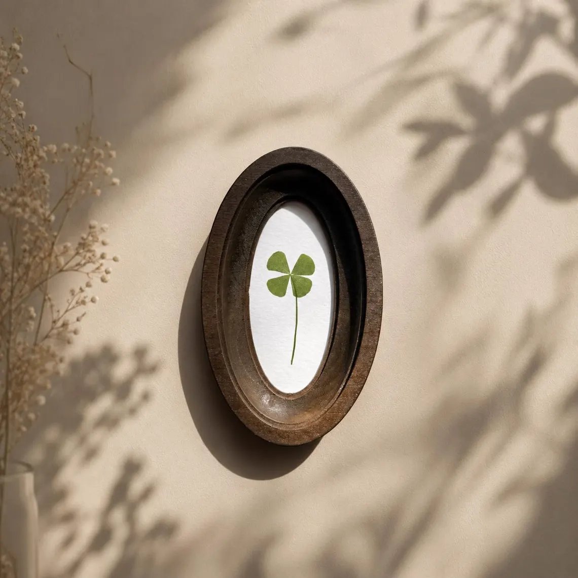 🍀Four-Leaf Clover in Oval Frame, Good Luck Charm, Pressed Clover, Handmade Botanical Decor