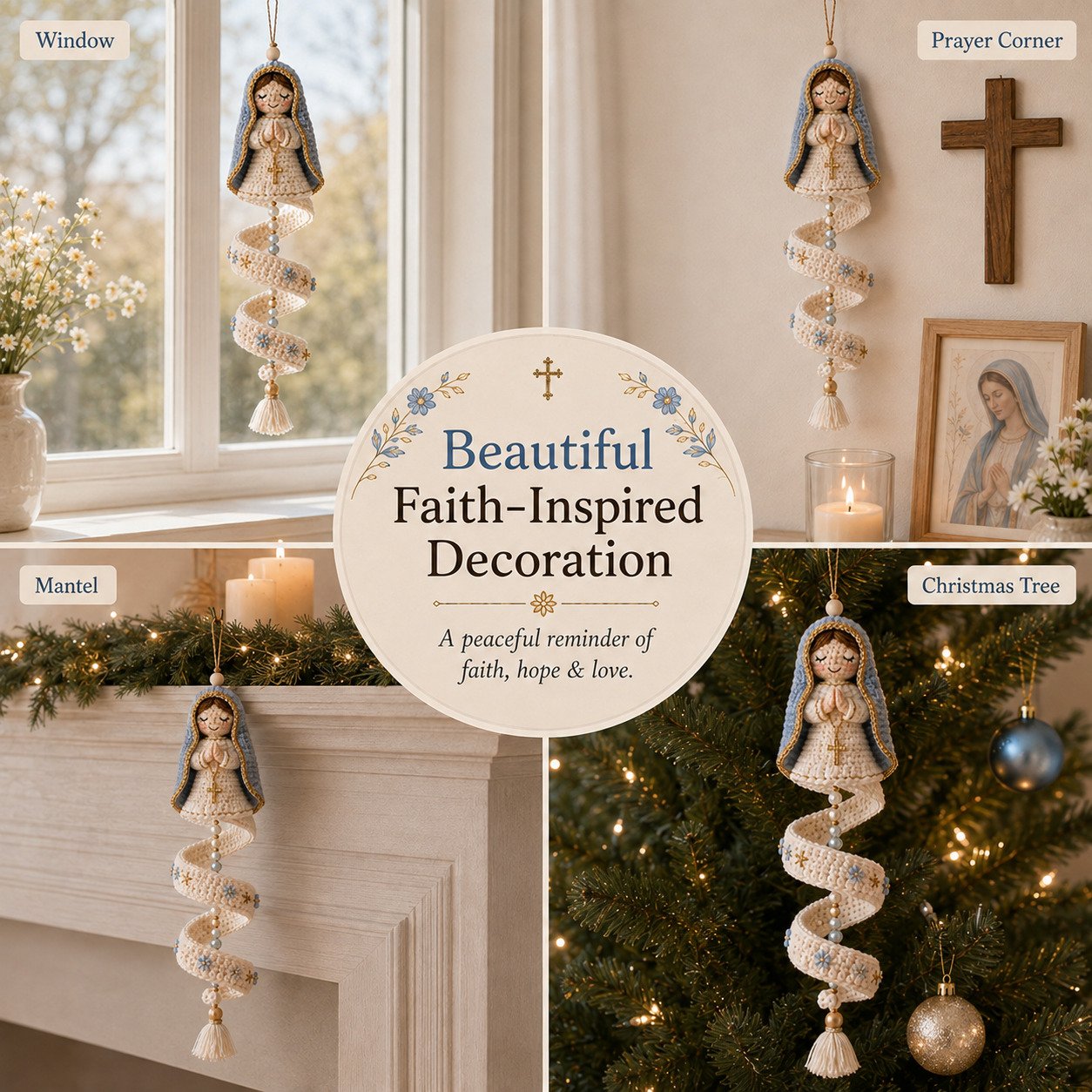🙏 Handcrafted Crochet Blessed Mother Devotional Spiral Hanging Ornament | Soft Textured Yarn, Plush Filling, Decorative Beads, Golden Cross & Floral Tassel Details 💙✨