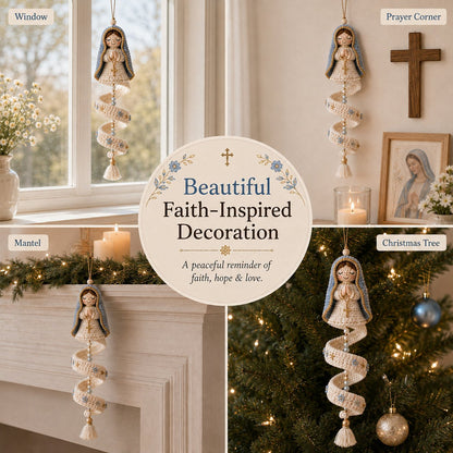 🙏 Handcrafted Crochet Blessed Mother Devotional Spiral Hanging Ornament | Soft Textured Yarn, Plush Filling, Decorative Beads, Golden Cross & Floral Tassel Details 💙✨