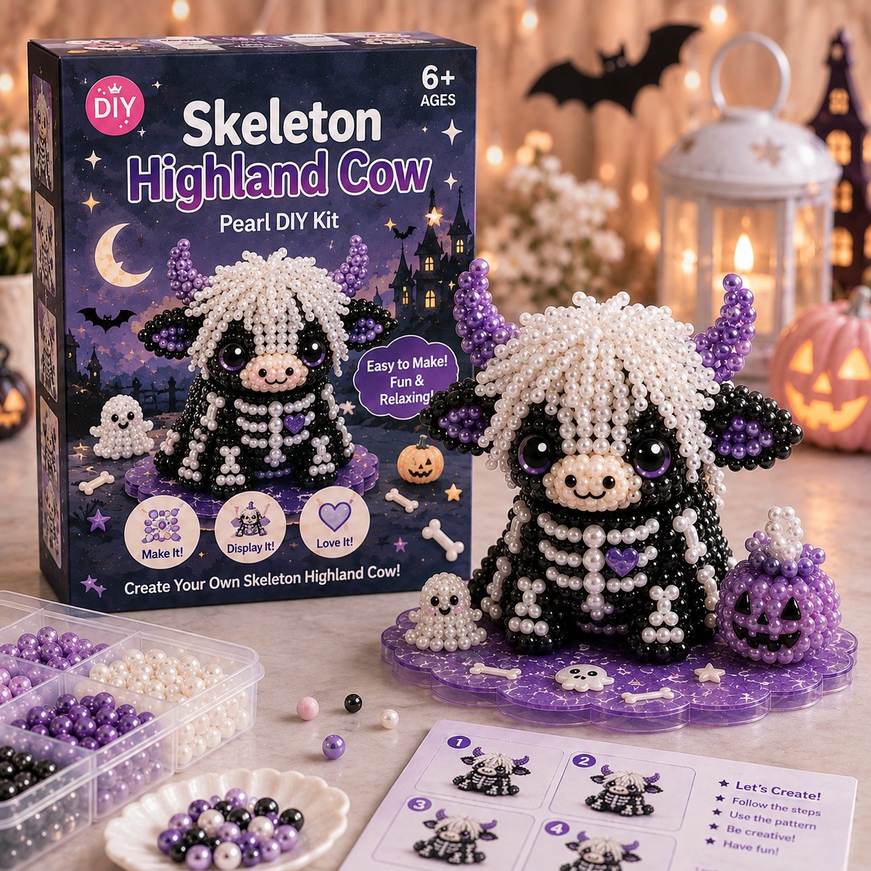 ⏳ Last Day 49% OFF – 🎃 Beginner-Friendly Halloween Highland Cow 3D Pearl Bead DIY Kit | Complete Kit with All Tools & Step-by-Step Guide Included 💕