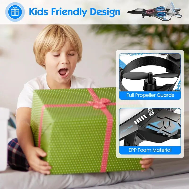 RC Flying Fighter Jet Toy with LED Lights & Stunt Rotation – Durable EVA Foam Remote Control Plane