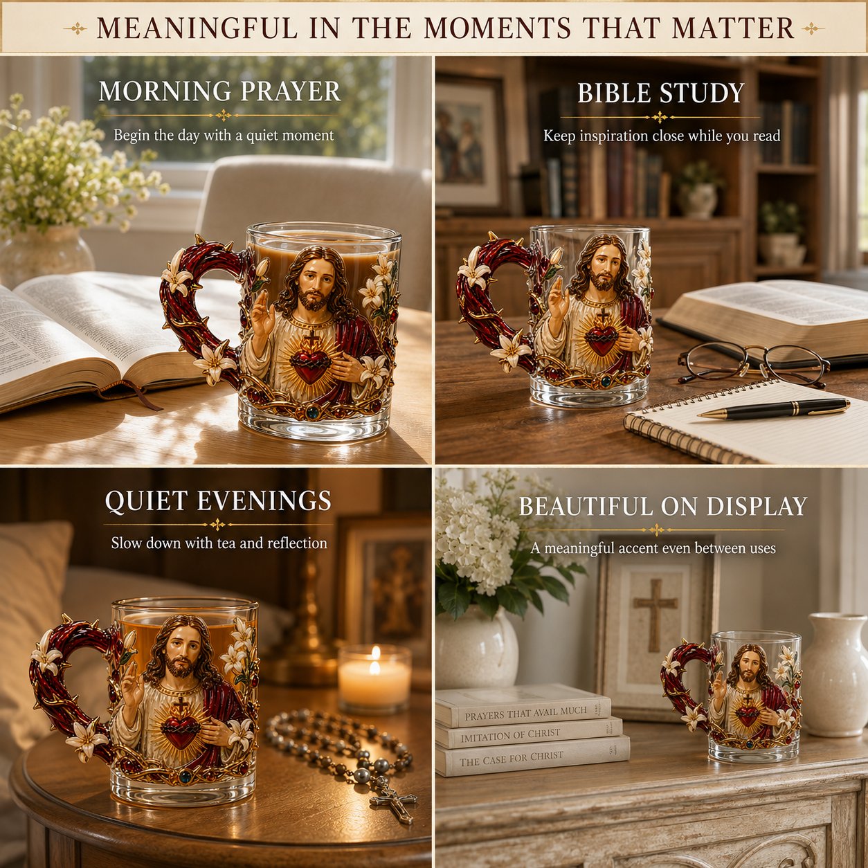 ⏳ Last Day 49% OFF – ✝️ 3D Christian Devotional Glass Mug Collection | 12oz Premium Clear Glass with Raised Jesus & Virgin Mary Figures, Sculptural Details & Jewel-Inspired Accents ✨